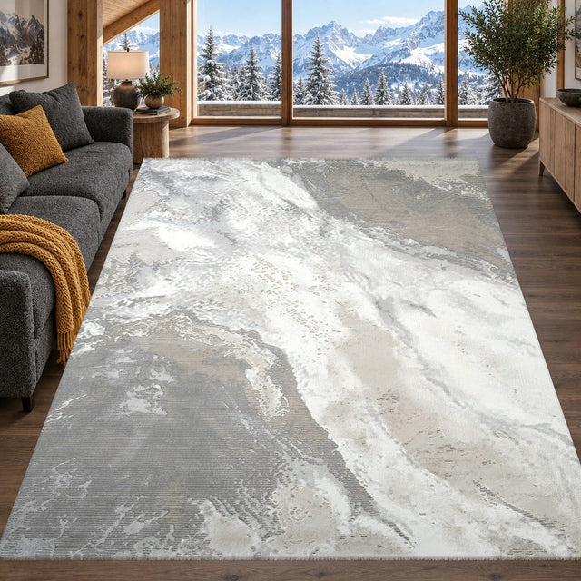 Covor Lirofe Stone Urban Crem Argintiu - Efect Marmura Stralucitor Modern - Living, Sufragerie, Dormitor, Bucatarie, Hol - Fir Scurt 11 mm, Usor de Curatat