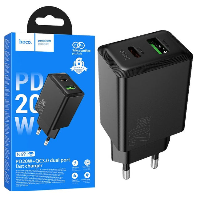 Hoco N69, Incarcatoare Priza, 1xUSB-C, 1XUSB-A, PD20W, QC3.0 Fast Charger - Negru