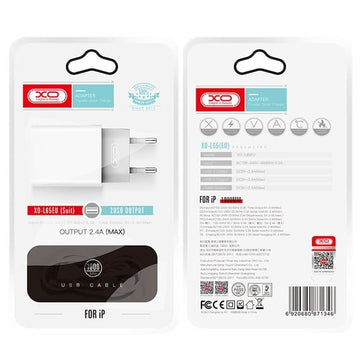 Incarcator Retea + Cablu Lightning XO L65, 2.4A, 2xUSB-A, QC 3.0 - Alb