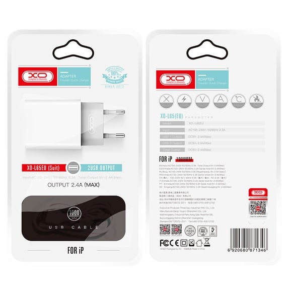 Incarcator Retea + Cablu Lightning XO L65, 2.4A, 2xUSB-A, QC 3.0 - Alb