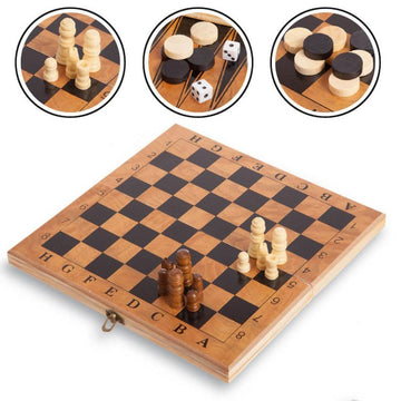 Joc 3in1 - Sah, Dame si Table - CNX, cutie lemn maro, inchidere magnetica, 24x24cm, 3+ ani, S2414
