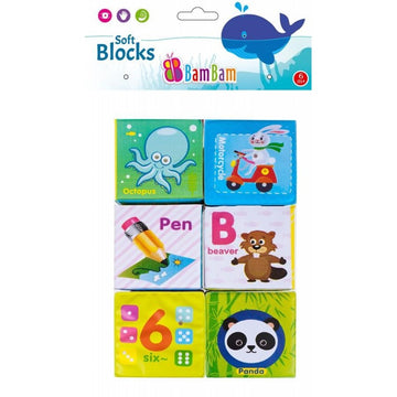 Jucarie de baie bebelusi - cuburi moi cu animale, cifre si litere, set 6 buc - Bam Bam 432485, 6+ luni