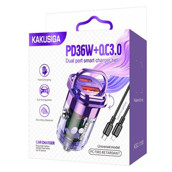 Incarcator Auto + Cablu Lightning Kaku KSC-1193, 1m, PD36W, 1xUSB-C, 1xUSB-A - Mov