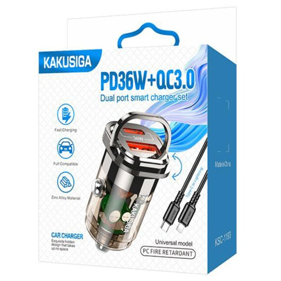 Incarcator Auto + Cablu Lightning Kaku KSC-1193, 1m, PD36W, 1xUSB-C, 1xUSB-A - Negru