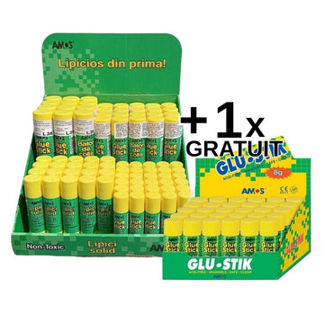 Display - Lipici solid Amos, 30x8g, 20x15g, 20x20g, 12x35g, fara solvent, set 82 buc + Display 30x Lipici solid 8g Amos gratuit