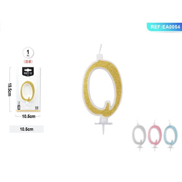 Lumanari aniversare pentru tort PartyGo cifra 0, 10.5cm, alba cu sclipici diverse culori, EA0054