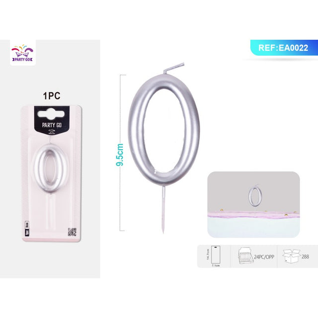 Lumanari aniversare pentru tort PartyGo cifra 0, 6cm, argintiu, EA0022
