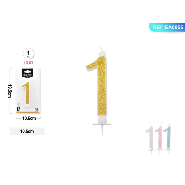 Lumanari aniversare pentru tort PartyGo cifra 1, 10.5cm, alba cu sclipici diverse culori, EA0055