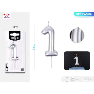 Lumanari aniversare pentru tort PartyGo cifra 1, 6cm, argintiu, EA0023