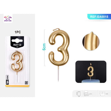Lumanari aniversare pentru tort PartyGo cifra 3, 6cm, auriu, EA0015