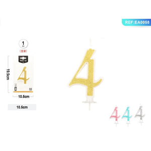 Lumanari aniversare pentru tort PartyGo cifra 4, 10.5cm, alba cu sclipici diverse culori, EA0058
