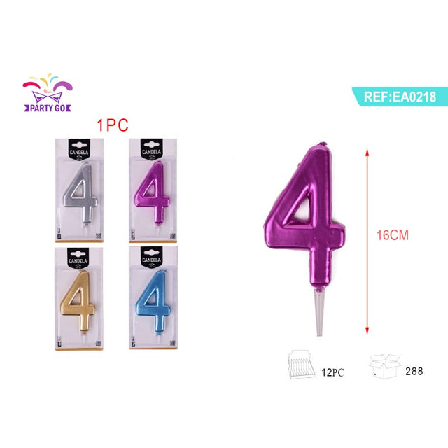 Lumanari aniversare pentru tort PartyGo cifra 4, 16cm, diverse culori metalizate, EA0218