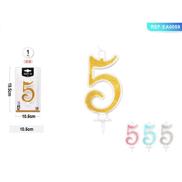 Lumanari aniversare pentru tort PartyGo cifra 5, 10.5cm, alba cu sclipici diverse culori, EA0059