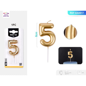 Lumanari aniversare pentru tort PartyGo cifra 5, 6cm, auriu, EA0017
