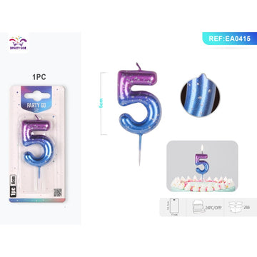 Lumanari aniversare pentru tort PartyGo cifra 5, 6cm, mov / albastru, EA0415