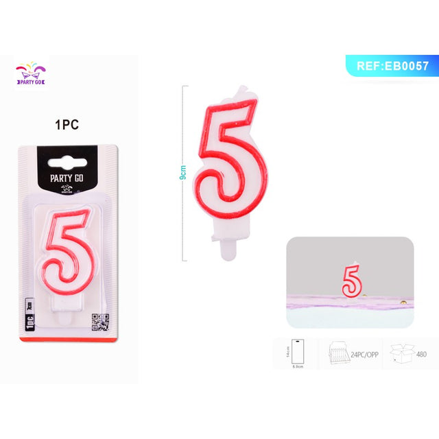 Lumanari aniversare pentru tort PartyGo cifra 5, 7cm, rosu, EB0057