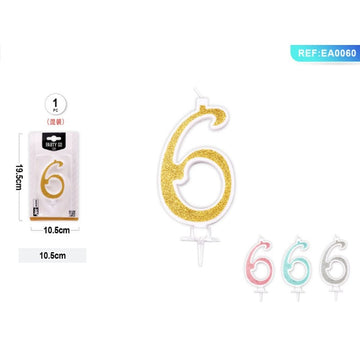 Lumanari aniversare pentru tort PartyGo cifra 6, 10.5cm, alba cu sclipici diverse culori, EA0060