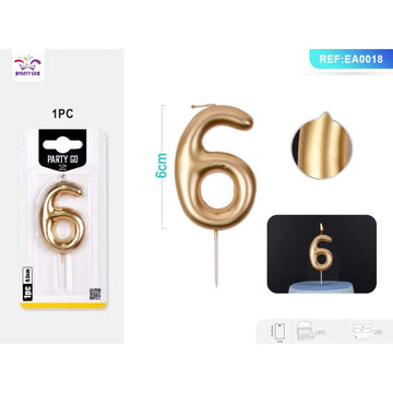 Lumanari aniversare pentru tort PartyGo cifra 6, 6cm, auriu, EA0018