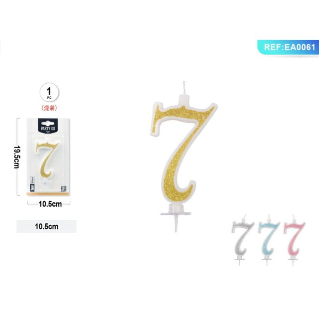 Lumanari aniversare pentru tort PartyGo cifra 7, 10.5cm, alba cu sclipici diverse culori, EA0061