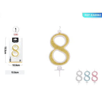 Lumanari aniversare pentru tort PartyGo cifra 8, 10.5cm, alba cu sclipici diverse culori, EA0062