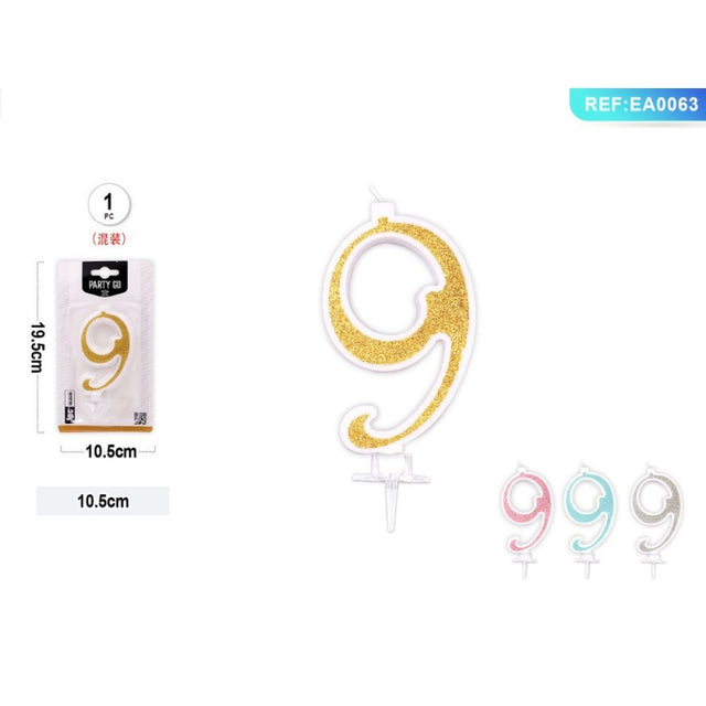 Lumanari aniversare pentru tort PartyGo cifra 9, 10.5cm, alba cu sclipici diverse culori, EA0063