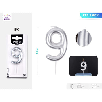 Lumanari aniversare pentru tort PartyGo cifra 9, 6cm, argintiu, EA0031