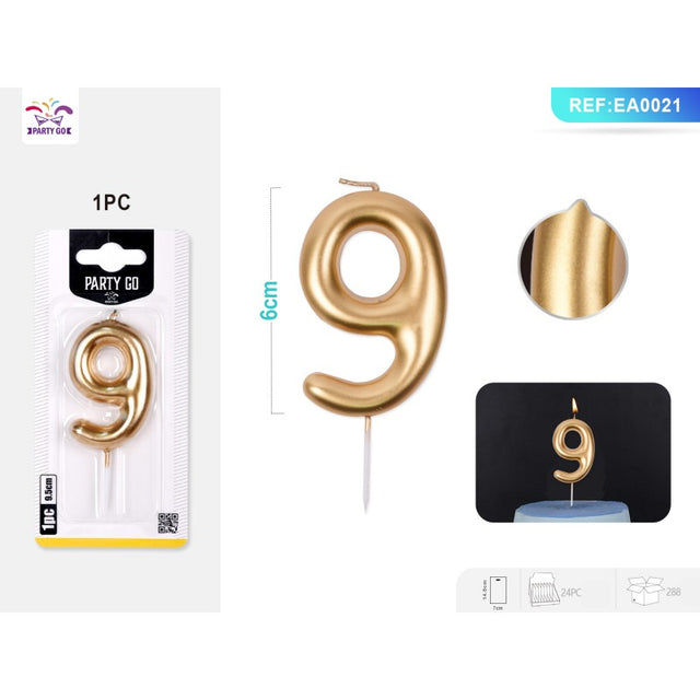 Lumanari aniversare pentru tort PartyGo cifra 9, 6cm, auriu, EA0021