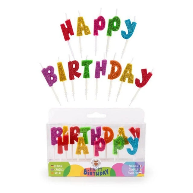 Lumanari aniversare pentru tort Trendhaus "HAPPY BIRTHDAY", diverse culori cu sclipici, 963840