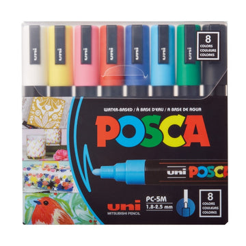 Marker UNI Posca PC-5M, varf rotund, 1.8-2.5mm, set 8 culori