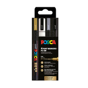 Marker UNI Posca PC-3M, varf rotund, 0.9-1.3mm, set 4 culori (negru, argintiu, auriu, alb)