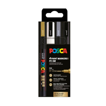Marker UNI Posca PC-3M, varf rotund, 0.9-1.3mm, set 4 culori (negru, argintiu, auriu, alb)