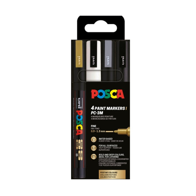 Marker UNI Posca PC-3M, varf rotund, 0.9-1.3mm, set 4 culori (negru, argintiu, auriu, alb)