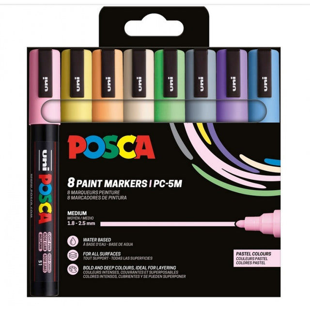 Marker UNI Posca PC-3M, varf rotund, 0.9-1.3mm, set 8 culori pastel