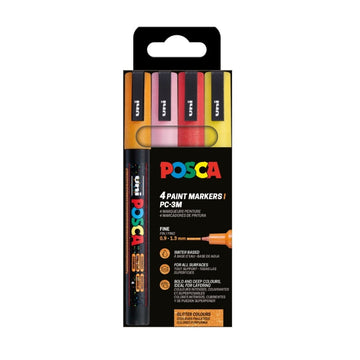 Marker UNI Posca PC-3ML, varf rotund, 0.9-1.3mm, set 4 culori calde, cu sclipici