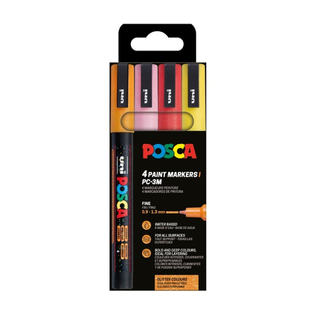 Marker UNI Posca PC-3ML, varf rotund, 0.9-1.3mm, set 4 culori calde, cu sclipici