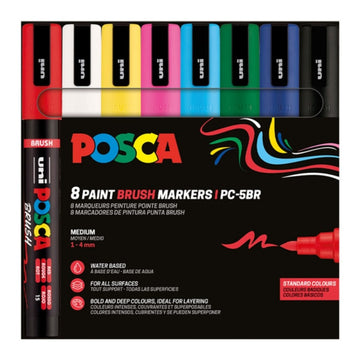 Marker UNI Posca PC-5BR, varf pensula, 1-4mm, set 8 culori