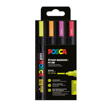 Marker UNI Posca PC-5M, varf rotund, 1.8-2.5mm, set 4 culori fluorescente (orange, roz, rosu, galben)