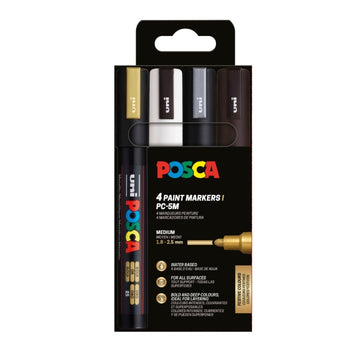 Marker UNI Posca PC-5M, varf rotund, 1.8-2.5mm, set 4 culori (negru, argintiu, auriu, alb)