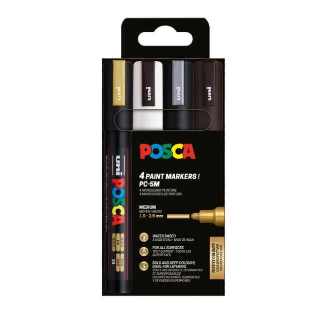 Marker UNI Posca PC-5M, varf rotund, 1.8-2.5mm, set 4 culori (negru, argintiu, auriu, alb)