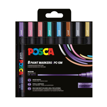 Marker UNI Posca PC-5M, varf rotund, 1.8-2.5mm, set 8 culori metalizate