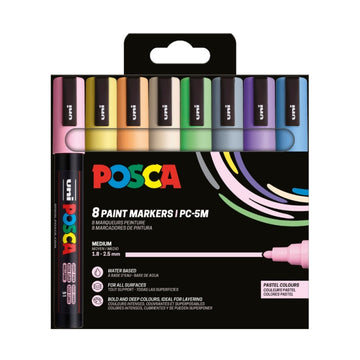 Marker UNI Posca PC-5M, varf rotund, 1.8-2.5mm, set 8 culori pastel