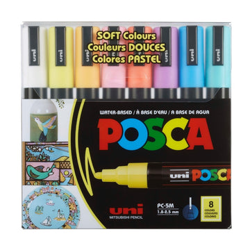 Marker UNI Posca PC-5M, varf rotund, 1.8-2.5mm, set 8 culori pastel
