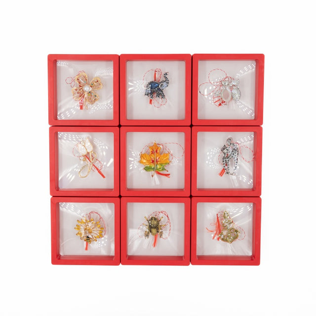 Martisor - Brosa metalica, diverse modele, floare, ghiocel, pisica, cutie PVC rosie