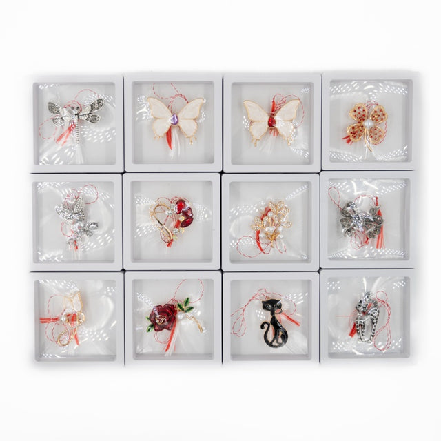 Martisor - Brosa metalica, diverse modele, fluture, floare, trandafir, pisica, cutie PVC alba