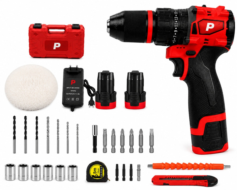 Masina de gaurit si insurubat cu acumulator 2X 18V, 55 Nm, 21+1 setari cuplu, Tip PJA, Pexor negru-rosu
