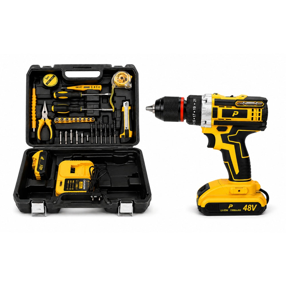 Masina de Gaurit si Insurubat cu Percutie, Motor Fara Perii, 2 Acumulatori 48V 1500 mAh Li-Ion Inclusi, 23+1 Trepte Torsiune, 45 Nm, 2 Trepte