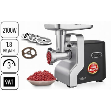 Masina de tocat carne multifunctionala Zilan ZLN0126 – 2100W, 3 viteze, accesorii feliere si carnati, cutit inox, negru/gri