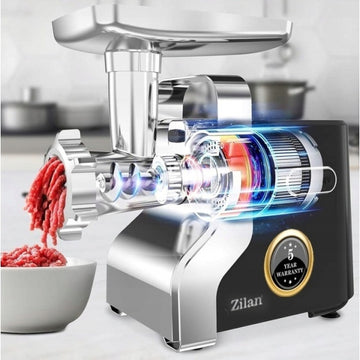 Masina de tocat carne multifunctionala Zilan ZLN0126 – 2100W, 3 viteze, accesorii feliere si carnati, cutit inox, negru/gri