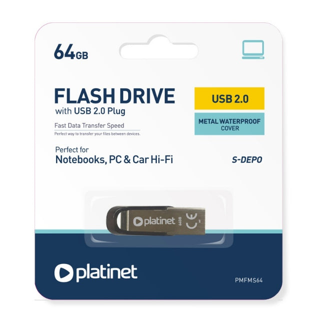 Stick memorie 64GB Platinet PMFMS64 44848, USB 2.0, carcasa aluminiu, argintiu