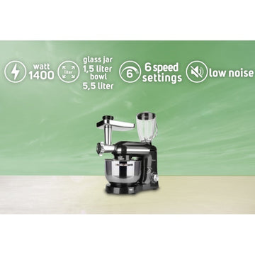 Mixer, blender si masina de tocat 3 in 1 ZILAN ZLN1772 – 1400W, Bol inox 5.5L, 6+1 viteze, negru